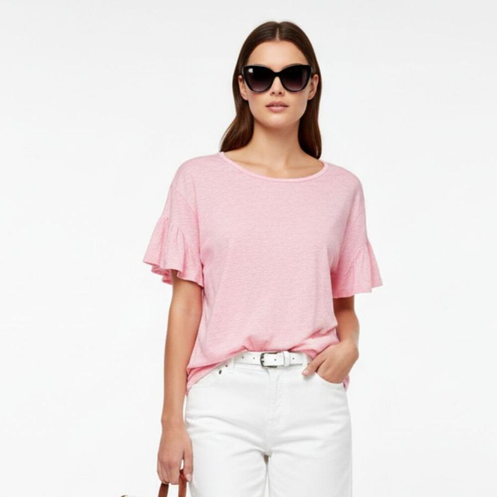 J Crew 100% Linen Pink Short Flutter Sleeve T Shirt Top M
